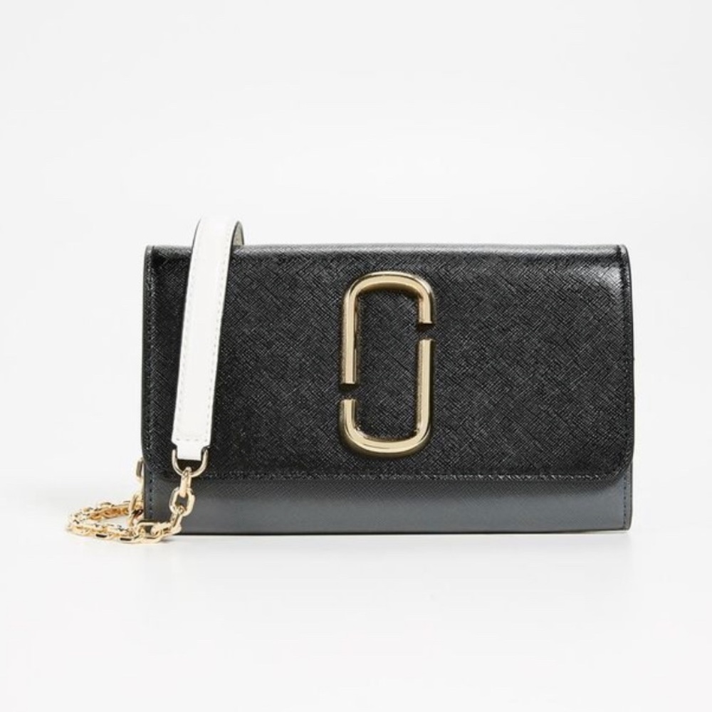 MARC JACOBS SNAPSHOT LEATHER WALLET ON CHAIN LINK BAG PURSE BLACK